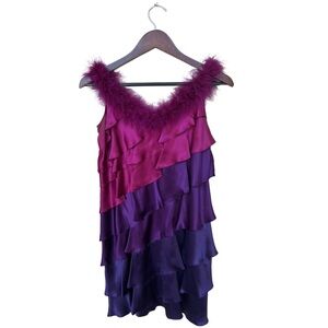 Ombré Purple and Pink Layered Dress with Feather Trim size 6
